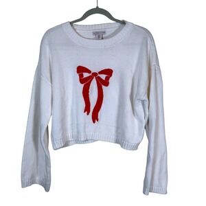 Sincerely Jules White Cropped Sweater Red Bow Knit Pullover Women's‎ XL
